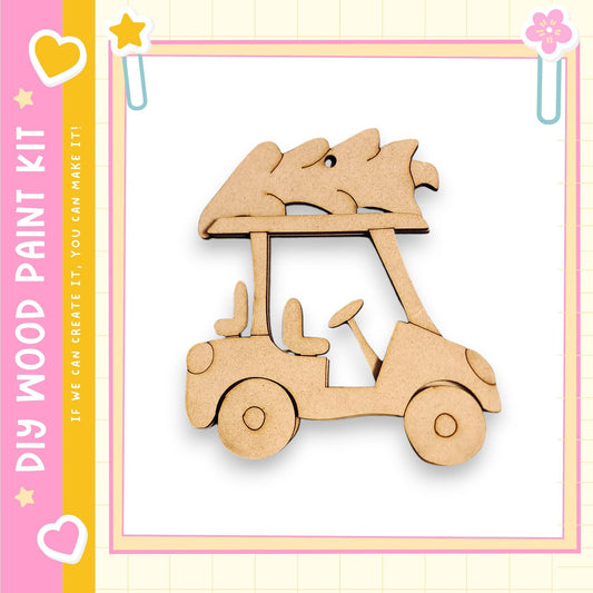 A wooden golf cart with a Christmas tree on top, presented in a colorful frame.