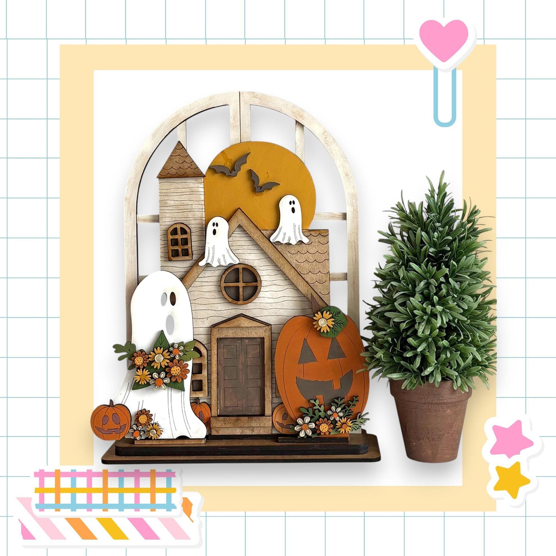 The image is a Halloween-themed collage featuring a wooden house with ghostly figures, a potted plant, and various Halloween decorations.