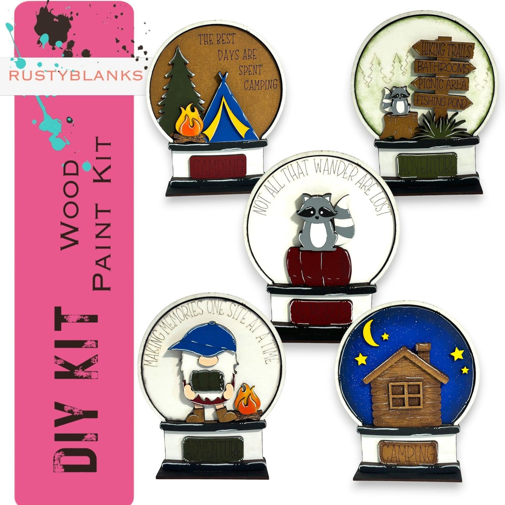 a set of four badges depicting different types of camping related items