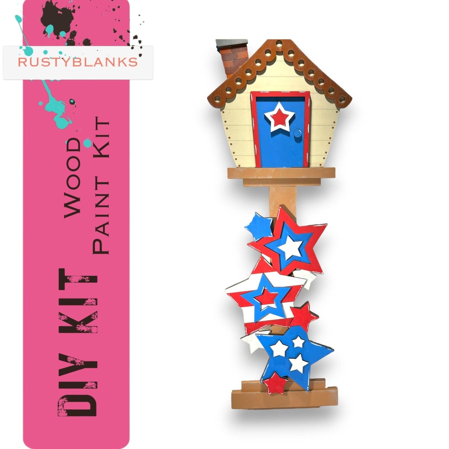 a wooden toy house with stars on it