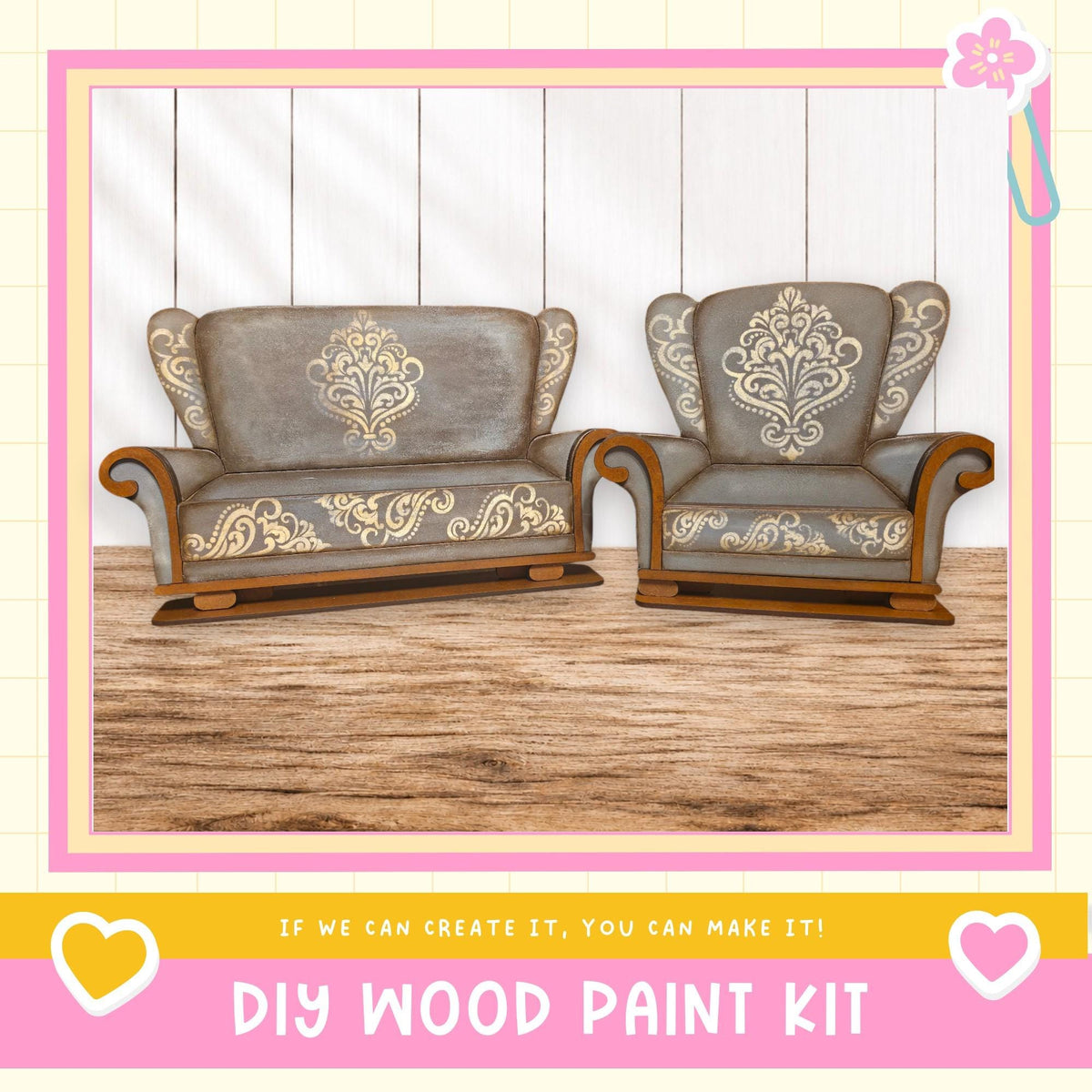 two ornately decorated wooden chairs with intricate floral patterns on their upholstery, set against a white background.
