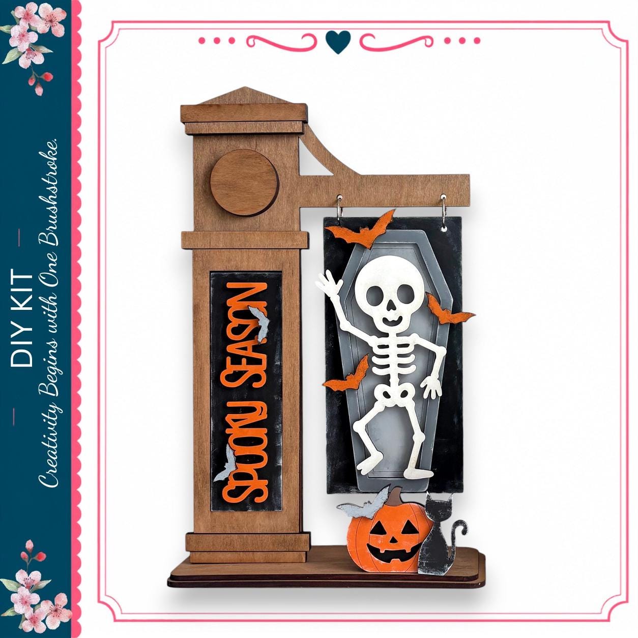 A Halloween-themed DIY kit featuring a skeleton decoration, a carved pumpkin, and a clock.