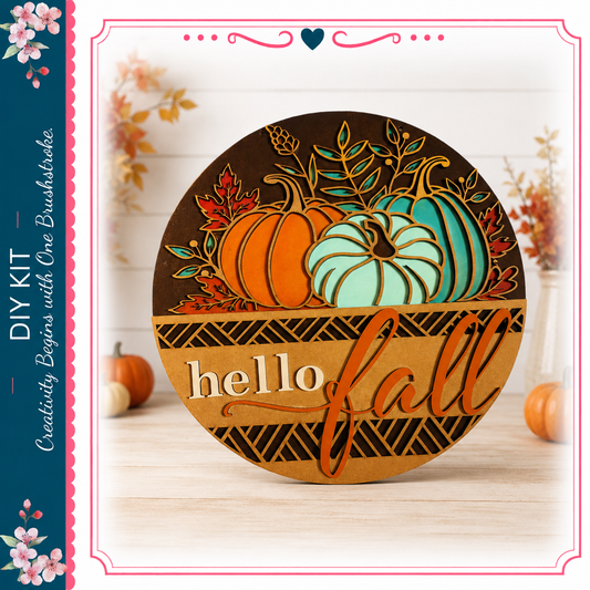 a decorative wooden sign with the text "Hello fall" carved into it, surrounded by autumn-themed elements such as pumpkins and leaves.