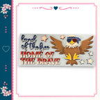 a patriotic design with an eagle wearing sunglasses and surrounded by stars, along with the text "Land of the free Home of the brave".