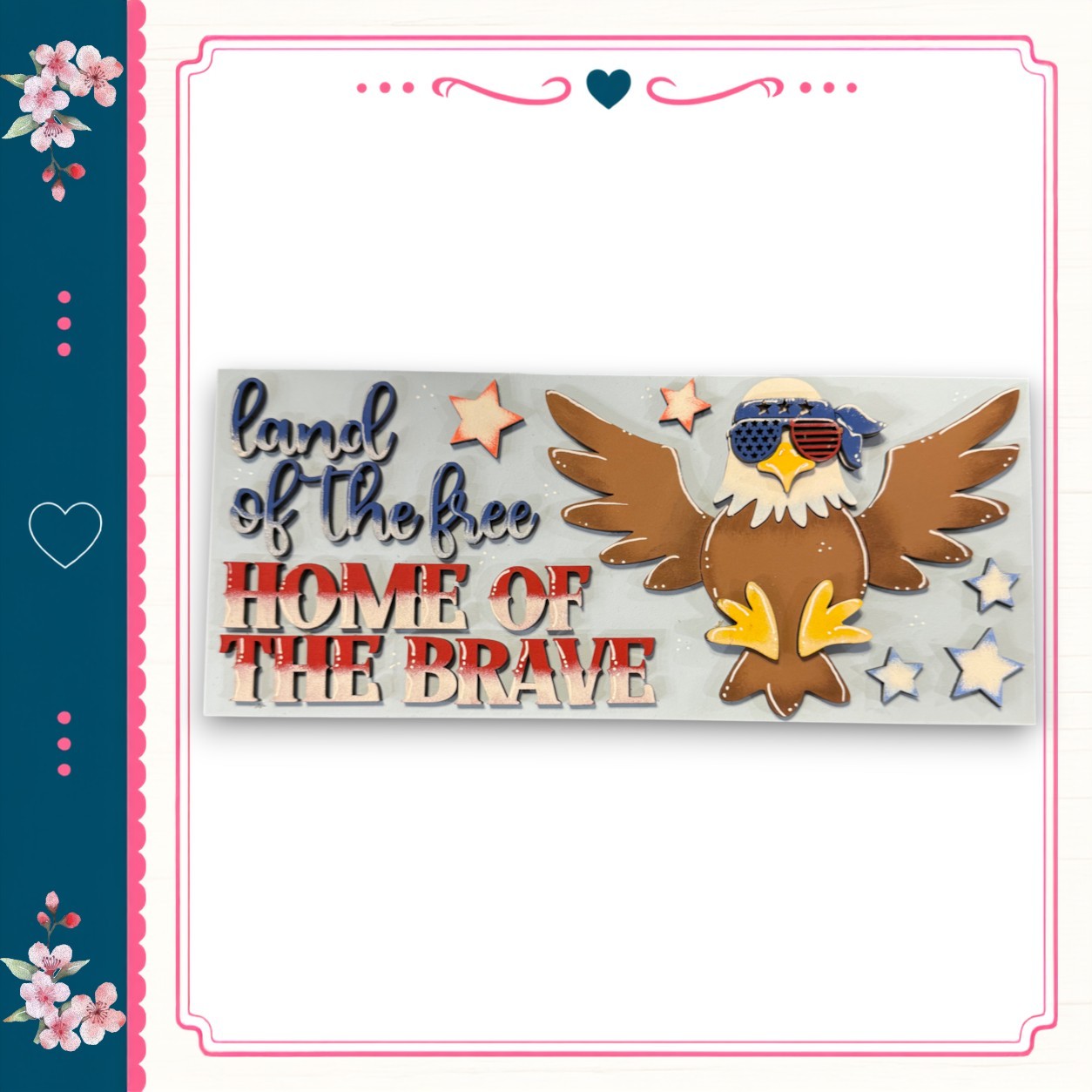 a patriotic design with an eagle wearing sunglasses and surrounded by stars, along with the text "Land of the free Home of the brave".