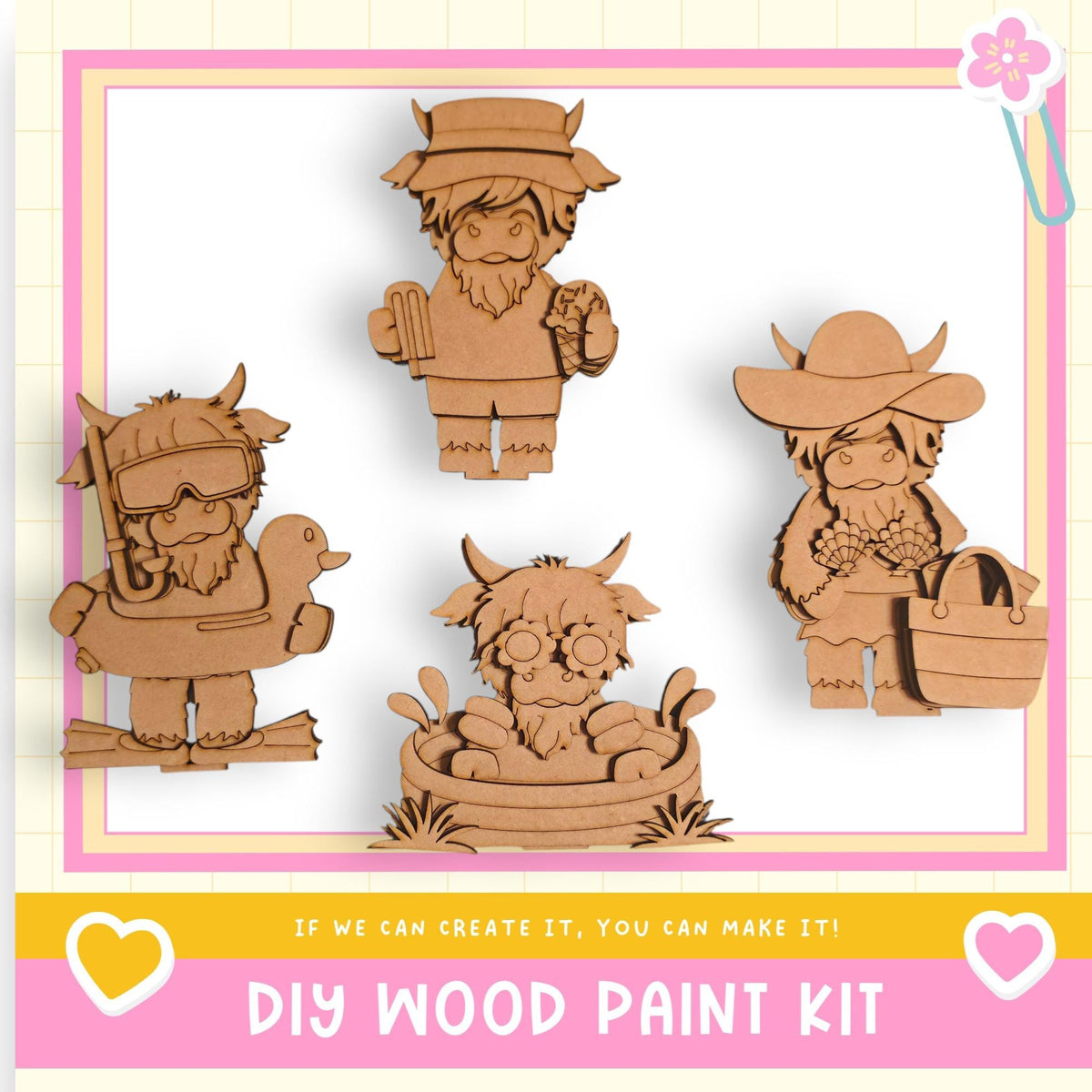 The image is a collage of four wooden cutouts depicting various cartoon-like characters, including a Viking, a character with a hat and sunglasses, a character with a hat and sunglasses, and a character with a hat and sunglasses. The collage is framed by a pink border and includes text that reads "DIY WOOD PAINT KIT" and "If we can create it, you can make it!"