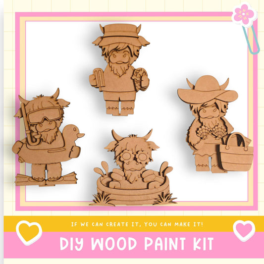 The image is a collage of four wooden cutouts depicting various cartoon-like characters, including a Viking, a character with a hat and sunglasses, a character with a hat and sunglasses, and a character with a hat and sunglasses. The collage is framed by a pink border and includes text that reads "DIY WOOD PAINT KIT" and "If we can create it, you can make it!"