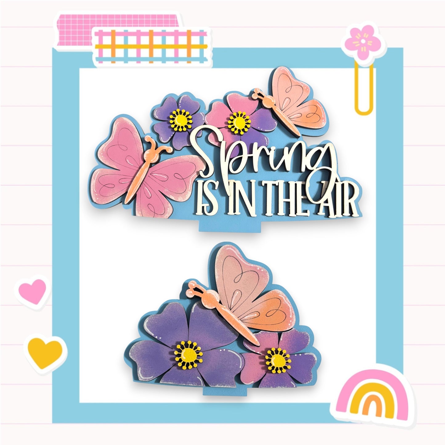 The image is a collage featuring a butterfly and flowers, with the text "Spring is in the air" written above them.