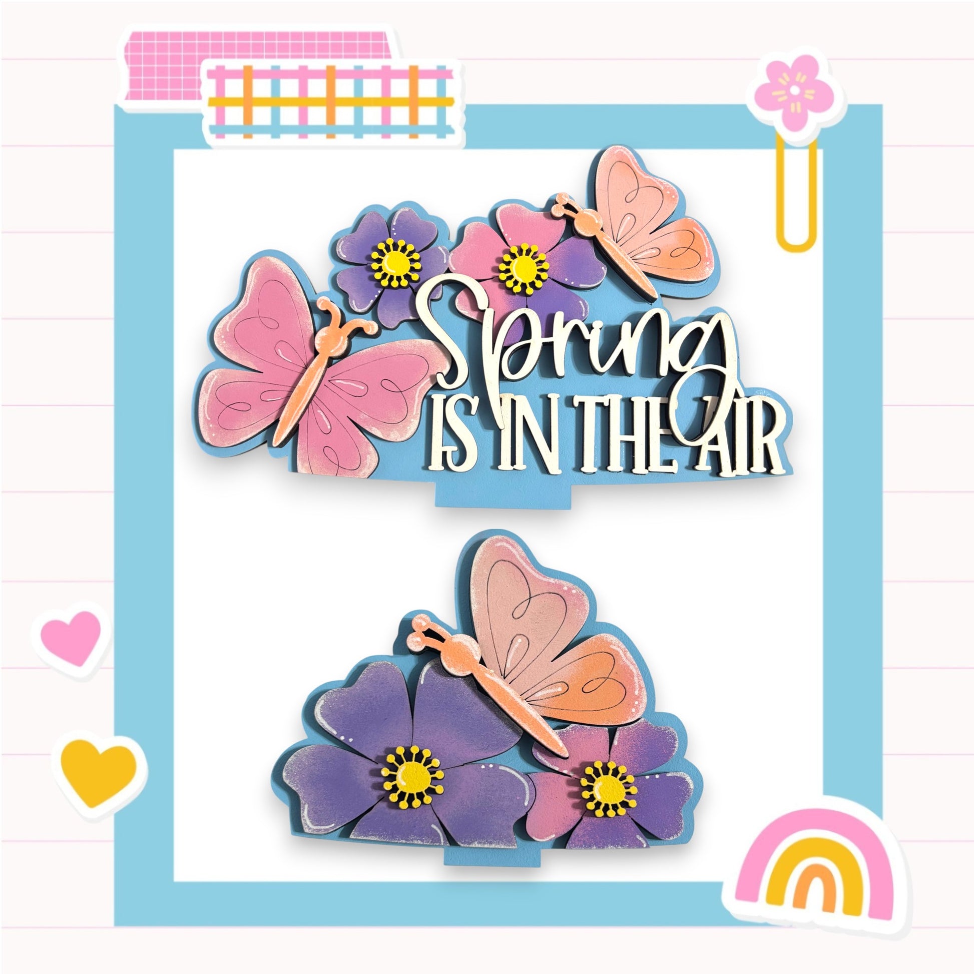 The image is a collage featuring a butterfly and flowers, with the text "Spring is in the air" written above them.