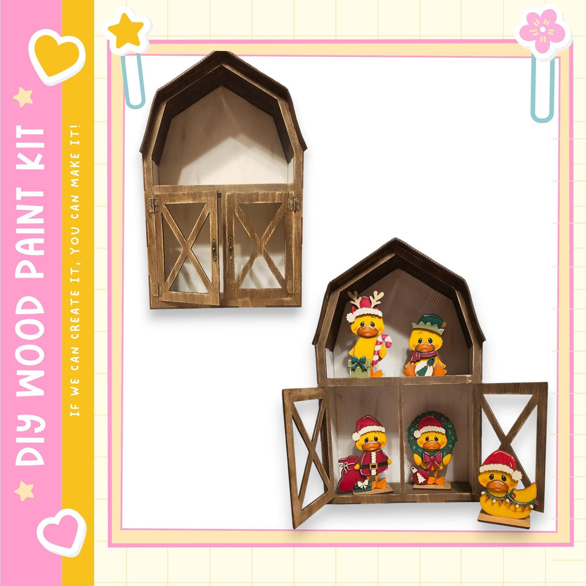 a wooden barn-shaped structure with a door, and inside the barn, there are four small figurines wearing Christmas hats.
