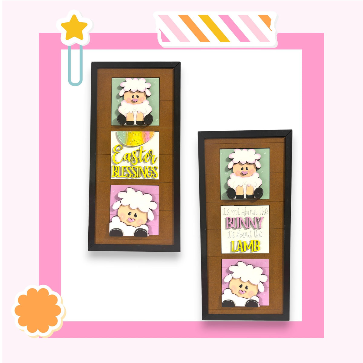 two framed pictures of cartoon sheep, each with a different Easter-themed message. The text on the frames includes "Easter Blessings" and "It's not about the bunny, it's about the lamb".