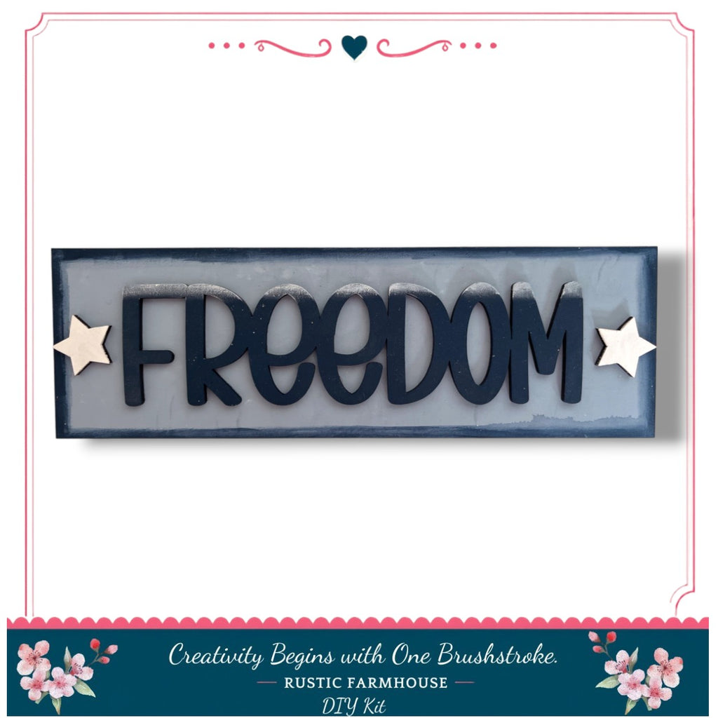 a wooden sign with the word "FREEDOM" written on it, surrounded by stars. The sign is displayed against a white background, and there is a decorative border around it.