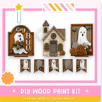The image is a collage of Halloween-themed wooden decorations, including ghost-shaped cutouts, a wooden house, and carved pumpkins. The decorations are arranged in a festive manner, suggesting a DIY wood paint kit for creating similar Halloween-themed items.
