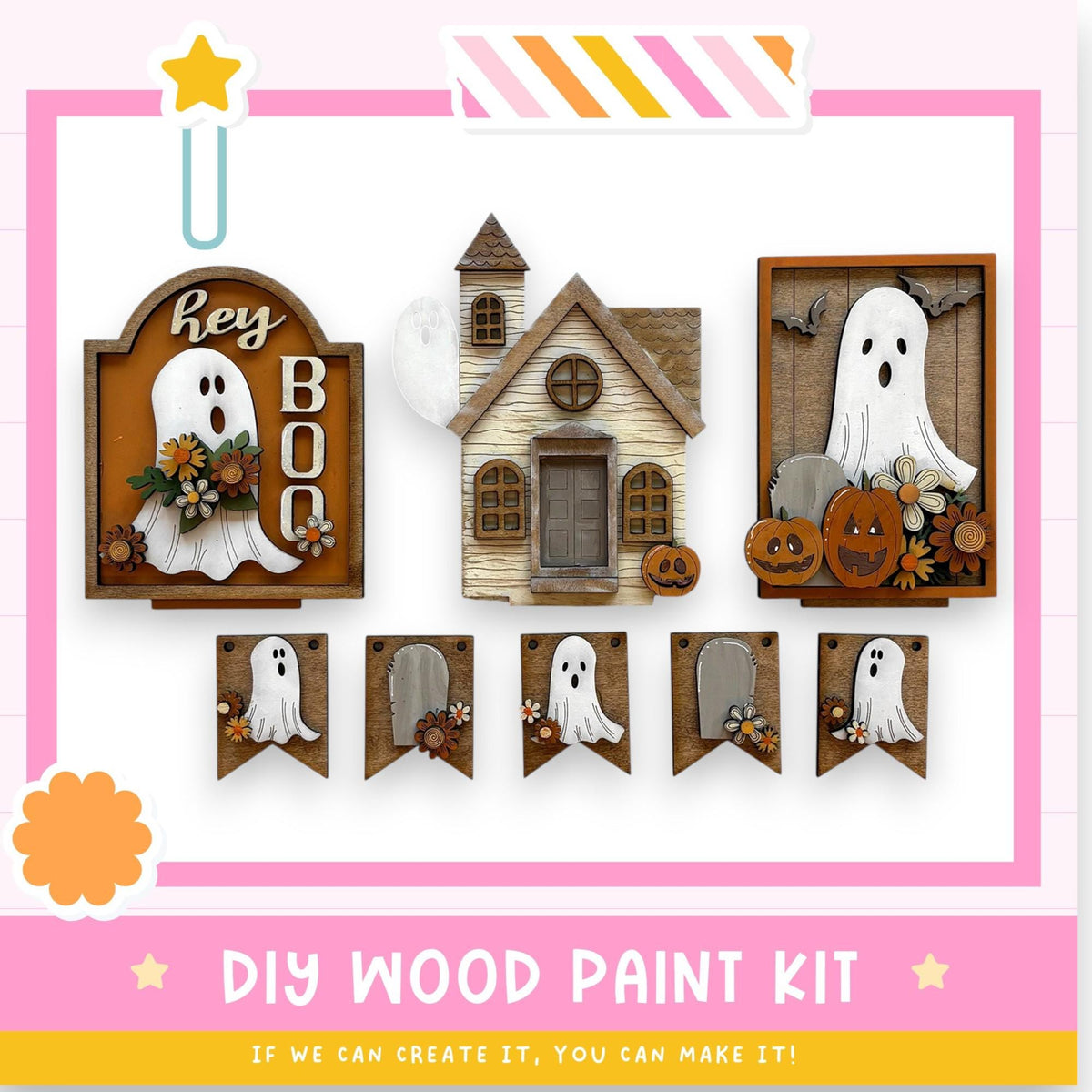 The image is a collage of Halloween-themed wooden decorations, including ghost-shaped cutouts, a wooden house, and carved pumpkins. The decorations are arranged in a festive manner, suggesting a DIY wood paint kit for creating similar Halloween-themed items.