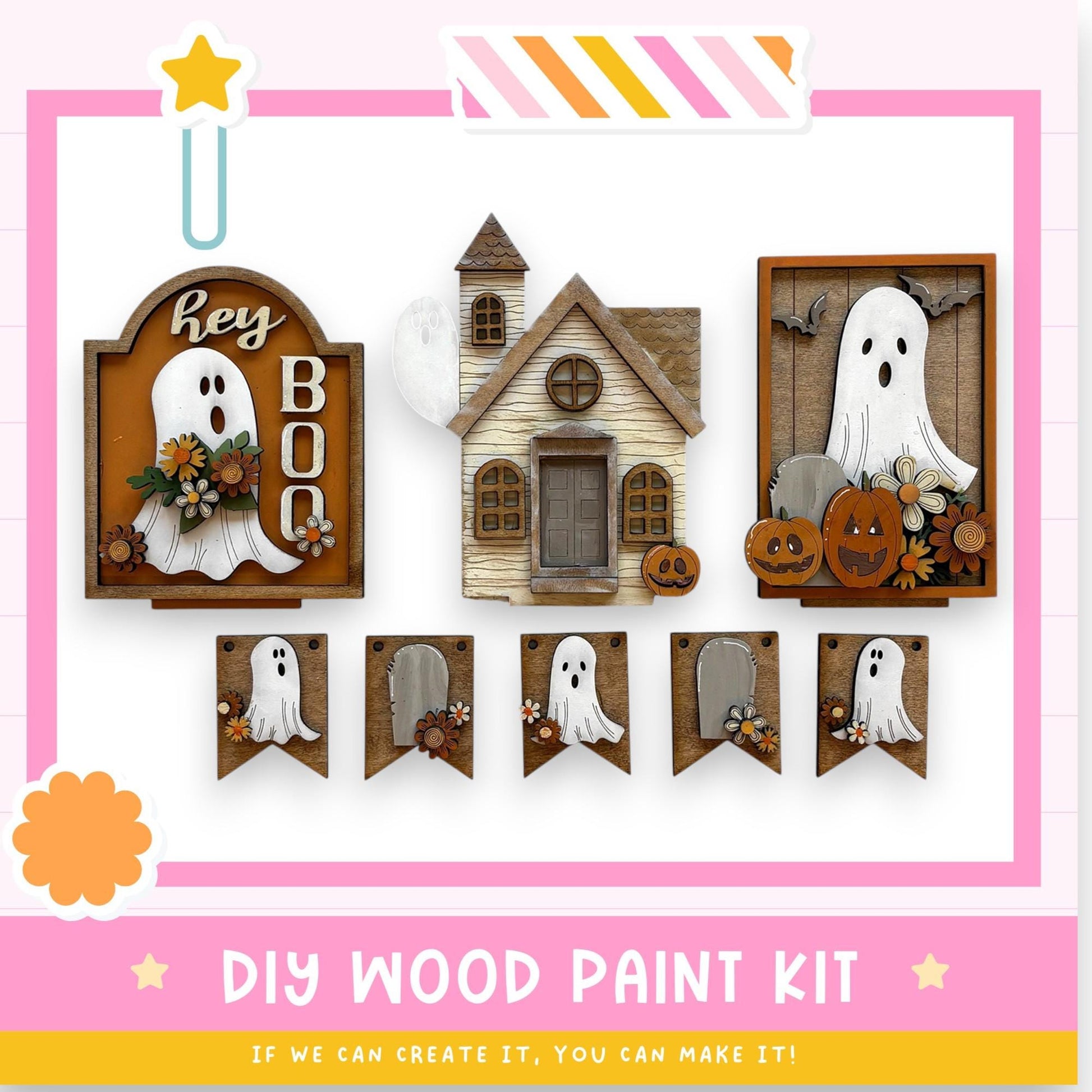The image is a collage of Halloween-themed wooden decorations, including ghost-shaped cutouts, a wooden house, and carved pumpkins. The decorations are arranged in a festive manner, suggesting a DIY wood paint kit for creating similar Halloween-themed items.