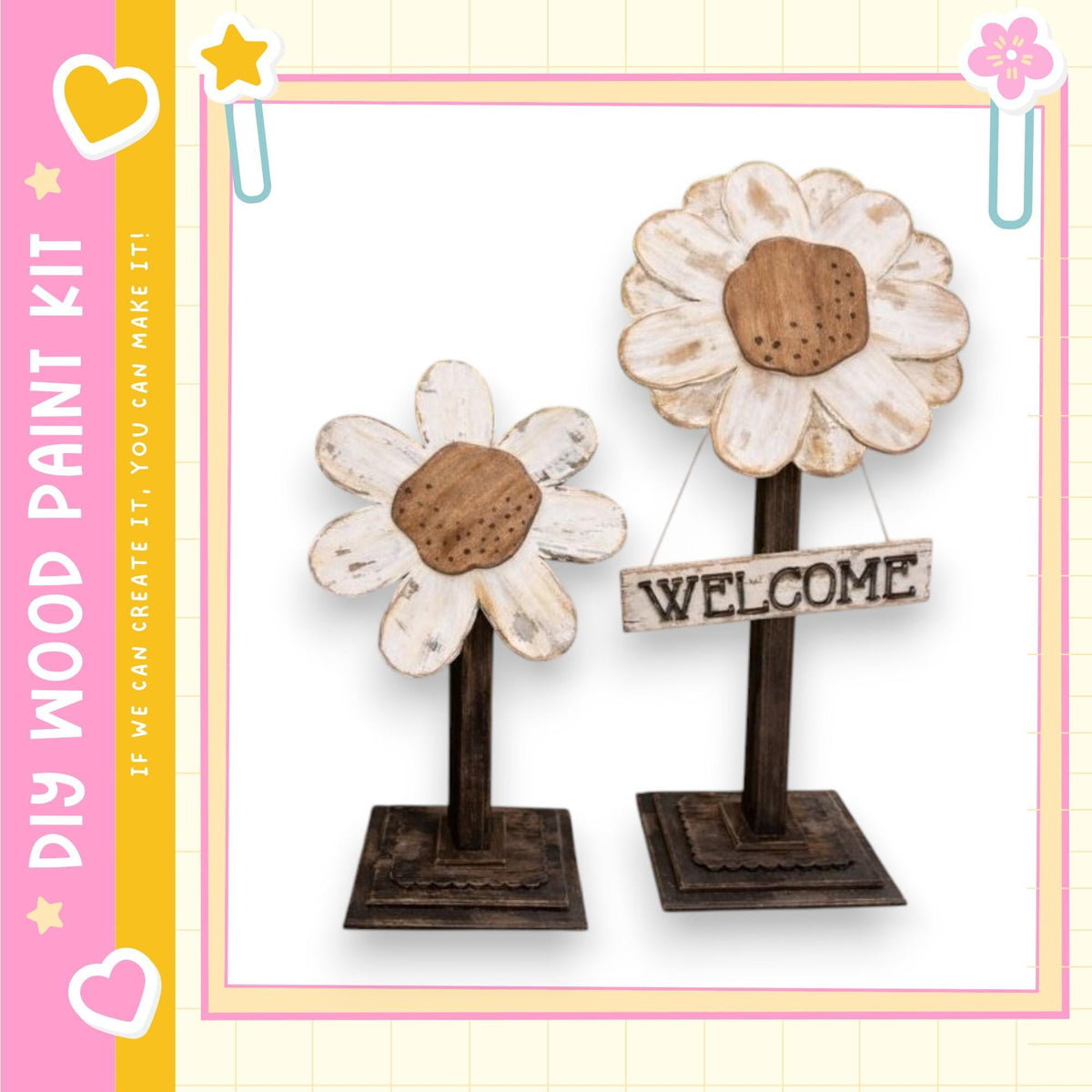 two wooden flower-shaped signs with the word "WELCOME" written on them, placed on a wooden stand.