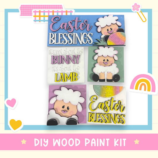 The image is a collage of four Easter-themed wooden paint kits, each featuring a cartoon lamb and the text "Easter Blessings" in a playful and colorful design.