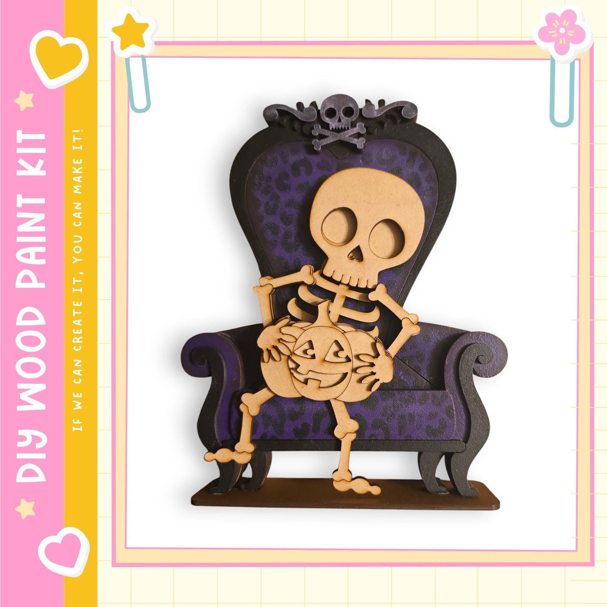 A wooden skeleton figure sitting on a purple chair, holding a carved pumpkin.