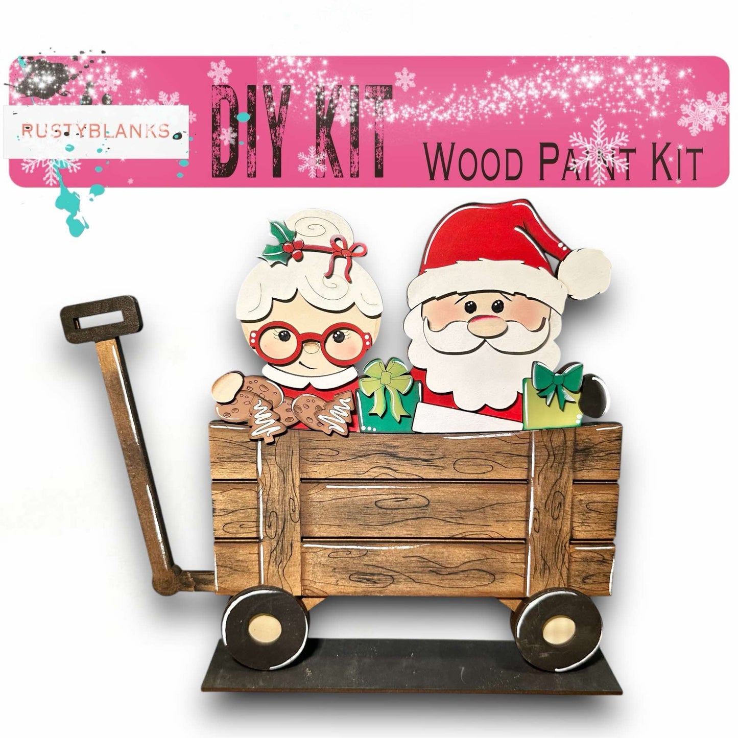 a wooden cart with santa and mrs claus in it