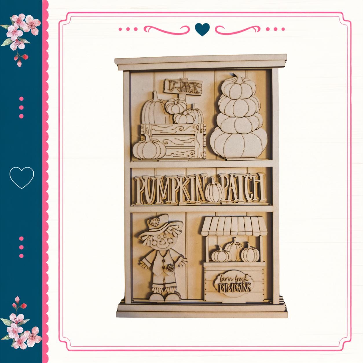 The image is a wooden pumpkin patch display with various carved pumpkins and a sign that reads "Pumpkin Patch".