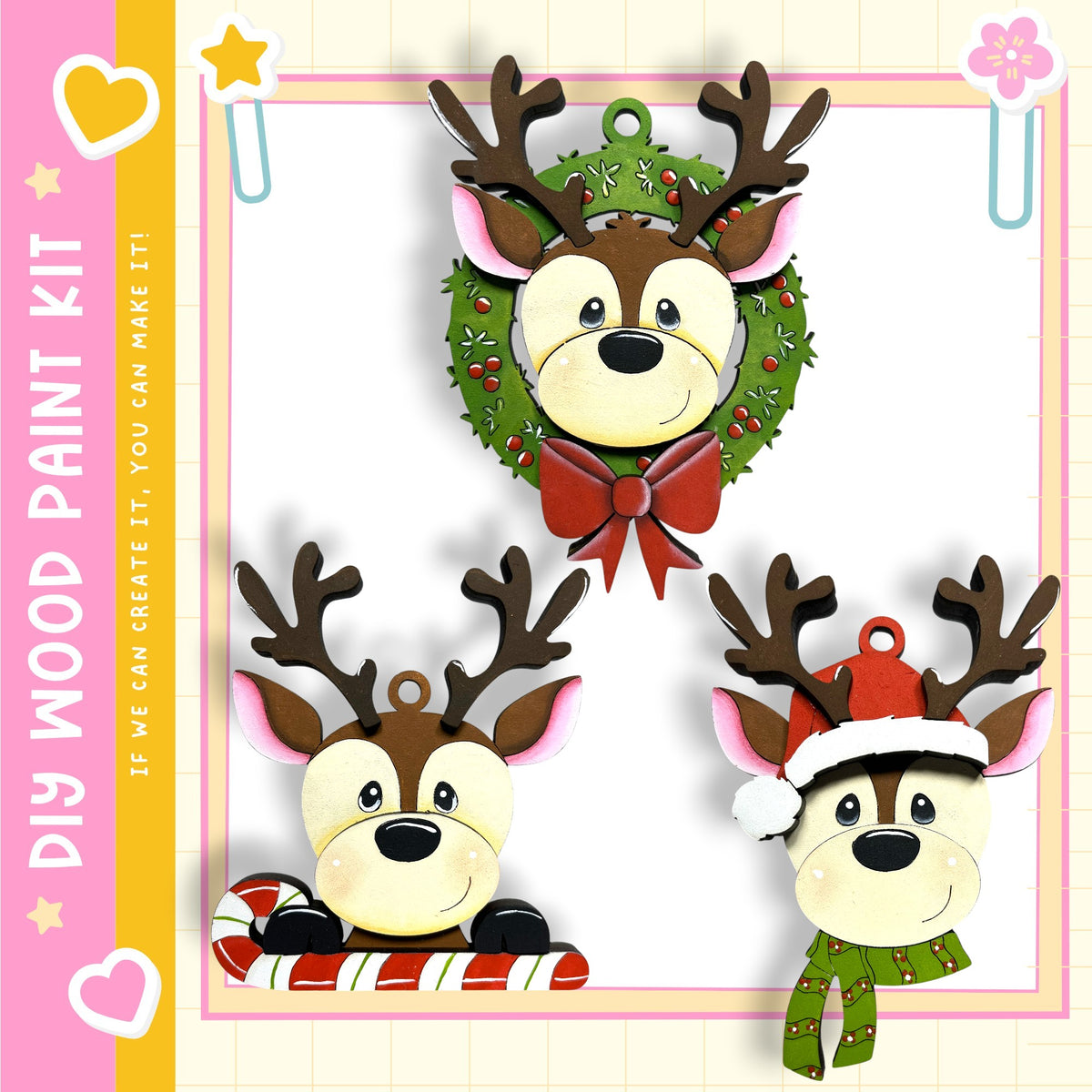 three wooden ornaments of reindeer, each with different accessories and poses, set against a pink and yellow background.