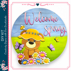 a teddy bear wearing a yellow hat and surrounded by flowers, with butterflies and a bee in the background, all set against a blue and green background.