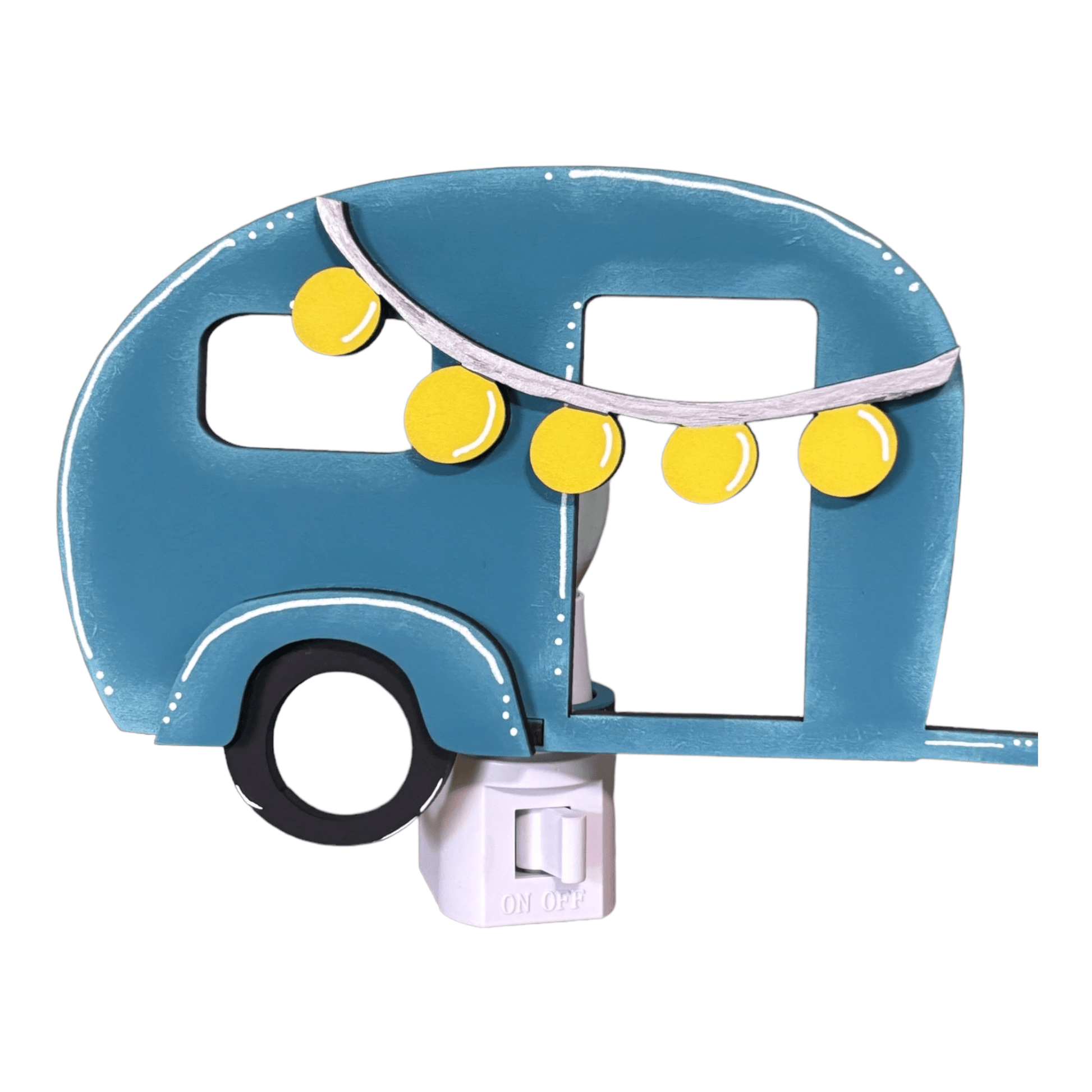 a blue camper with yellow balls hanging from it's side