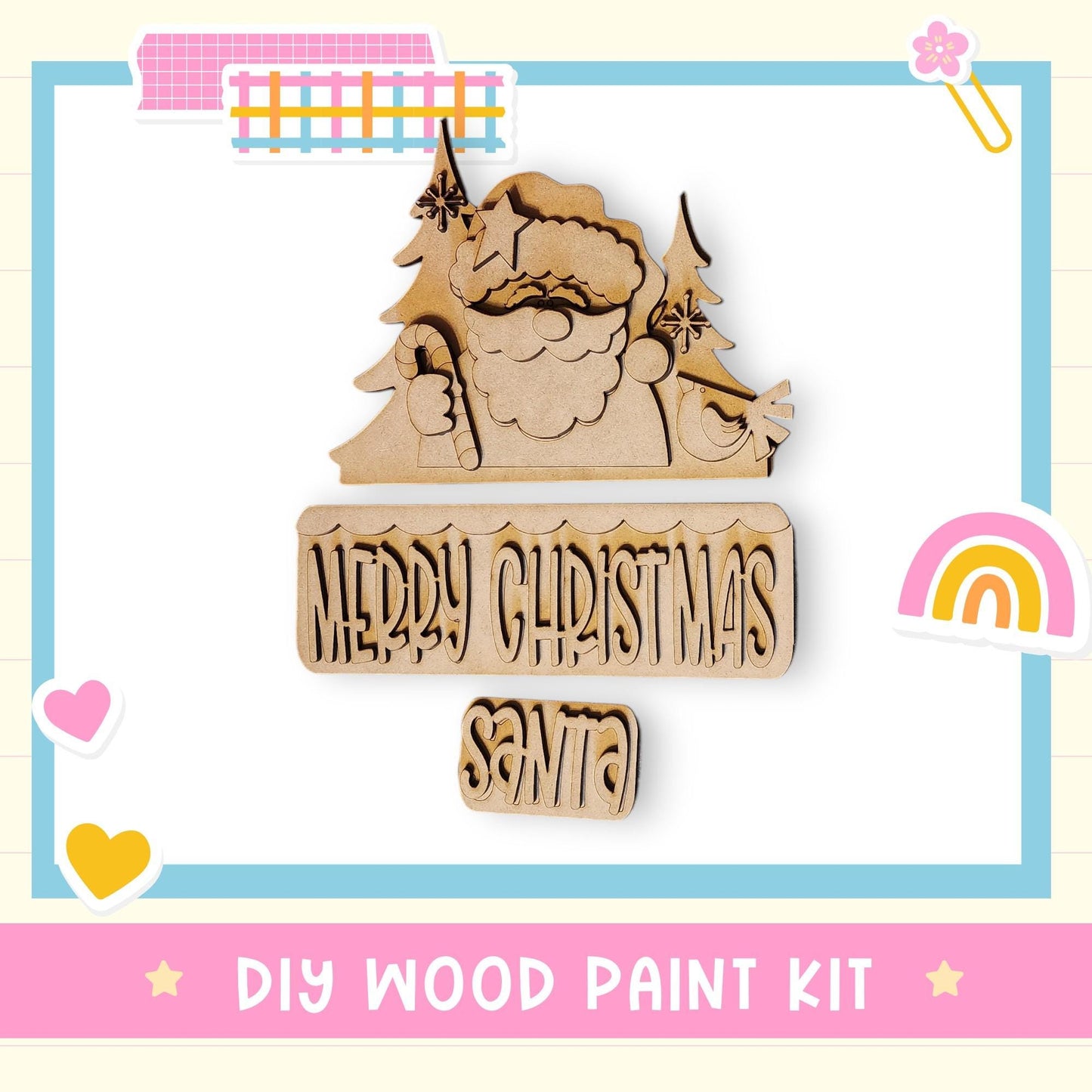 The image is a DIY wood paint kit for creating a Christmas-themed decoration, featuring a wooden Santa Claus figure and the text "Merry Christmas Santa".