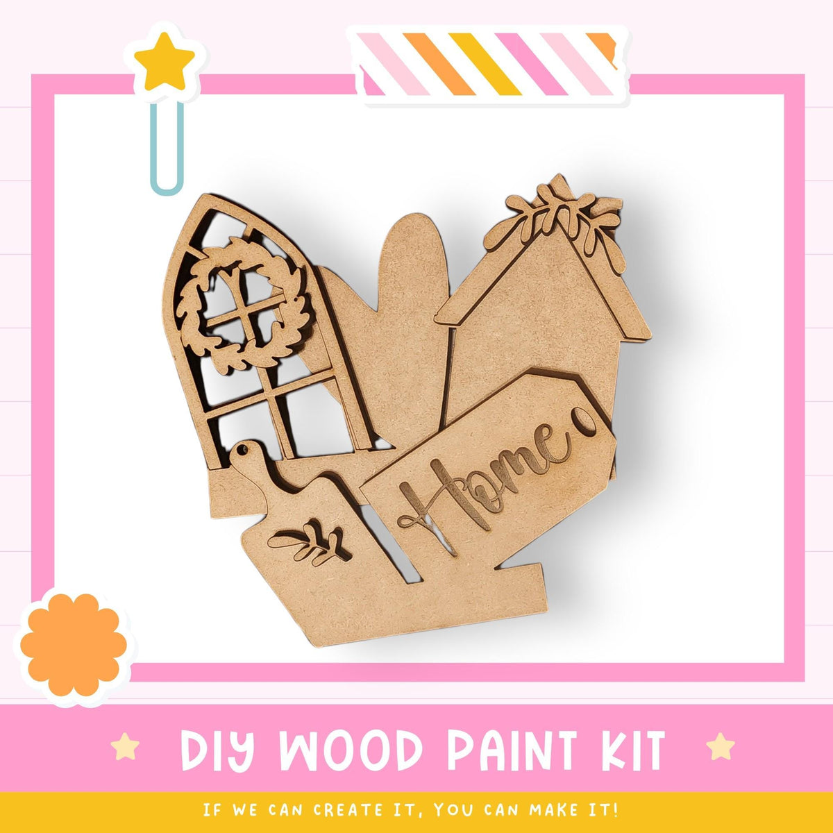 The image is a promotional poster for a DIY wood paint kit, featuring a wooden house-shaped object with the word "Home" written on it.