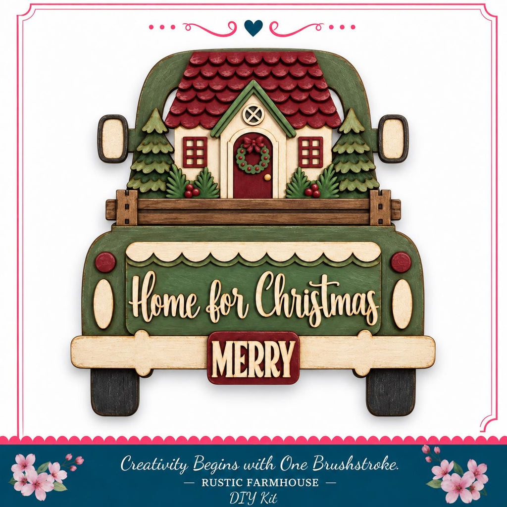 A wooden truck with a house and wreath on the back, displaying the text "Home for Christmas" and "MERRY" on the truck bed.