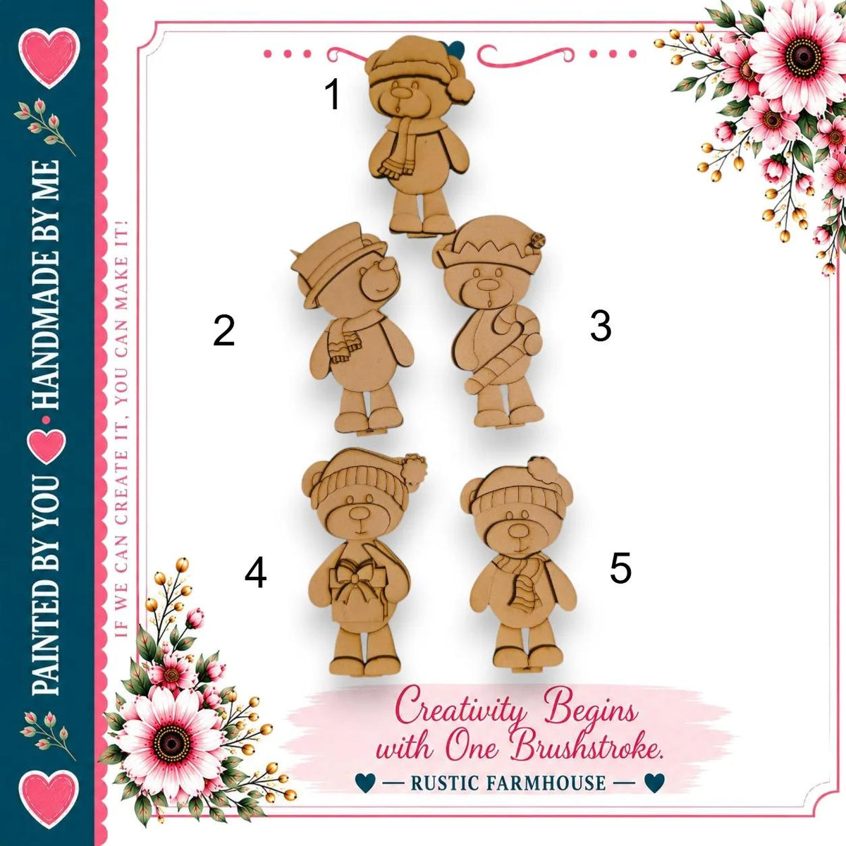 a creative wooden bear decoration with a floral border.