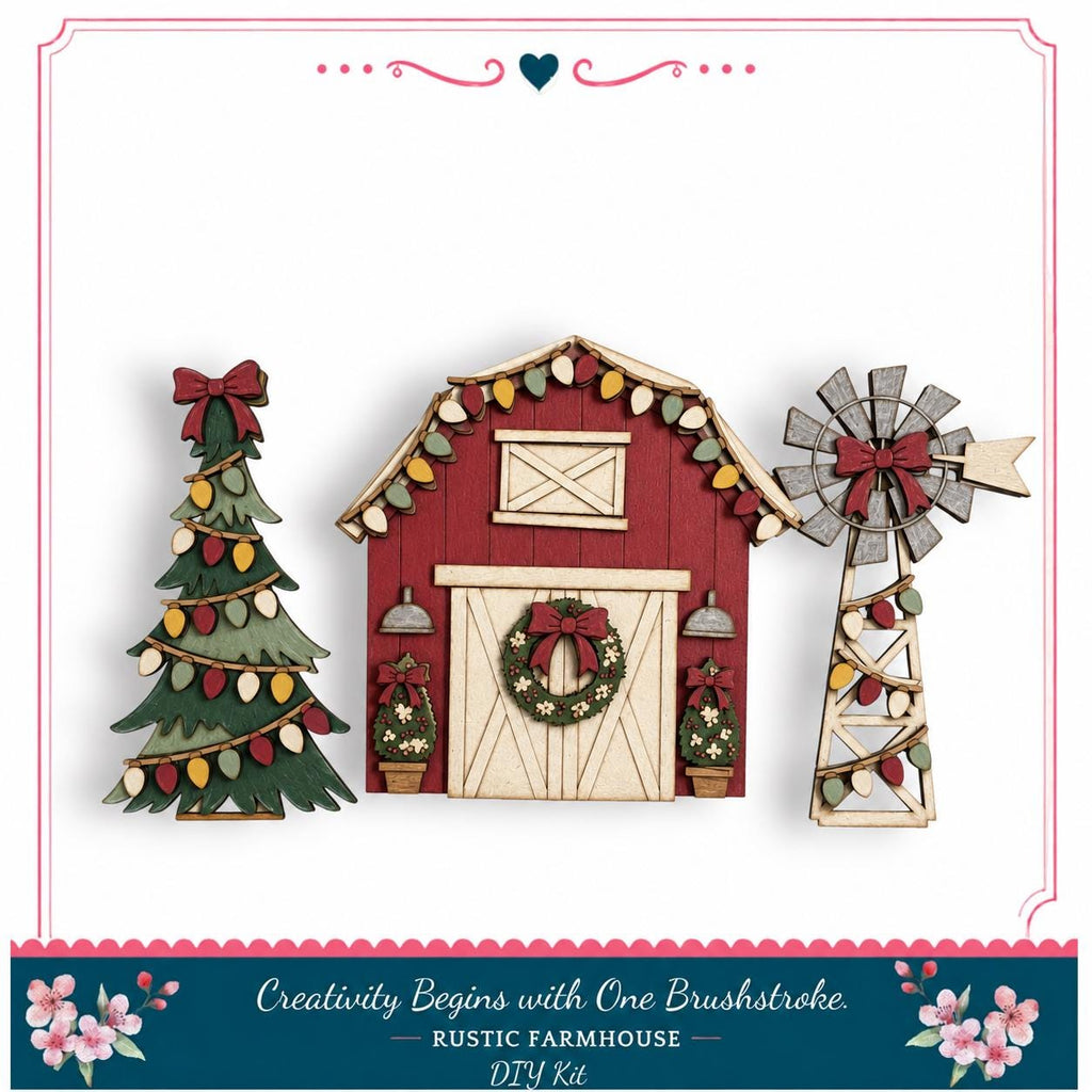 A rustic farmhouse with a Christmas tree and a windmill, all decorated with lights and ornaments, is featured in the image.