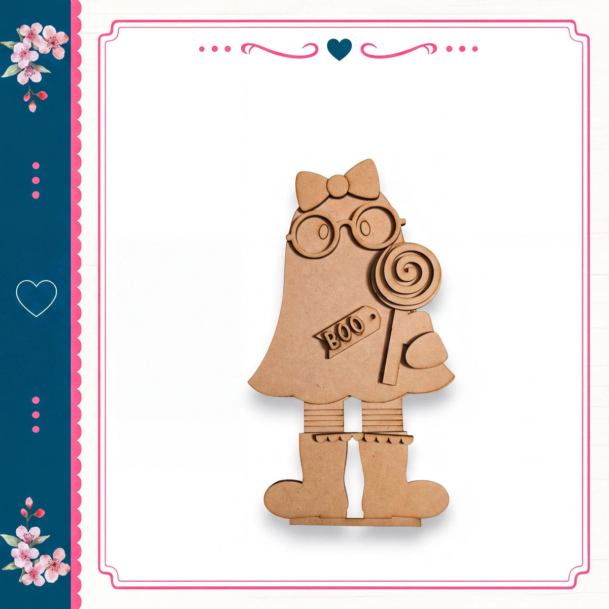 A wooden figure of a girl holding a lollipop and wearing glasses is depicted in the image.