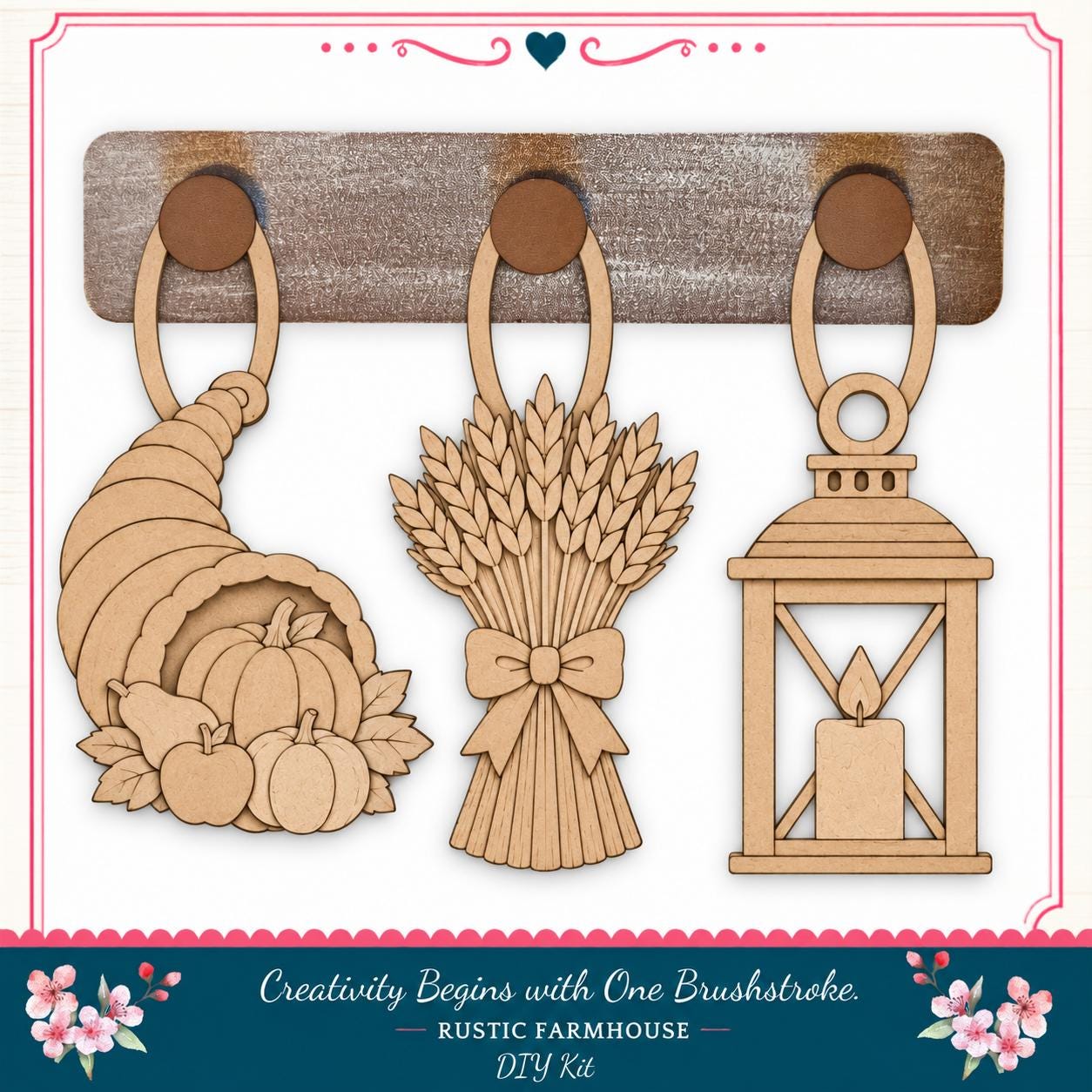 a rustic farmhouse-style DIY kit with three wooden ornaments hanging on a wooden board.