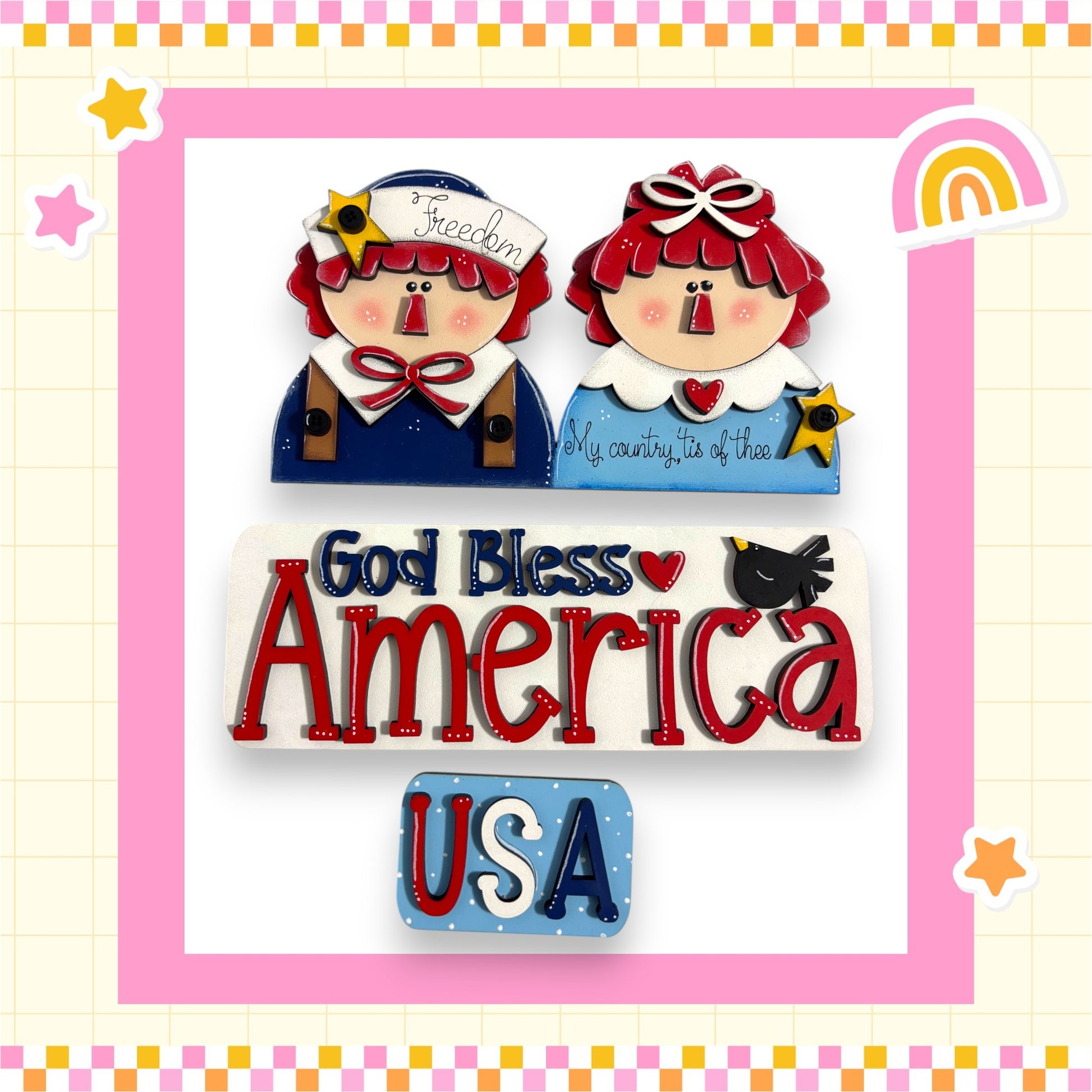 two cartoon-style dolls, one wearing a blue outfit and the other in a red outfit, with the text "God Bless America" and "USA" displayed prominently.