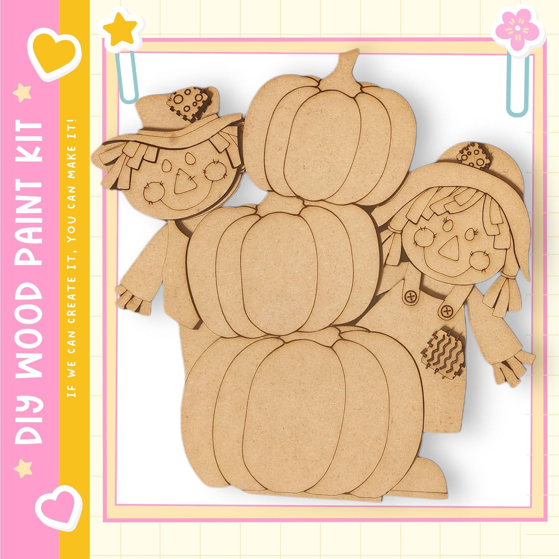 The image is a colorful and playful wood paint kit featuring a scarecrow and three pumpkins.