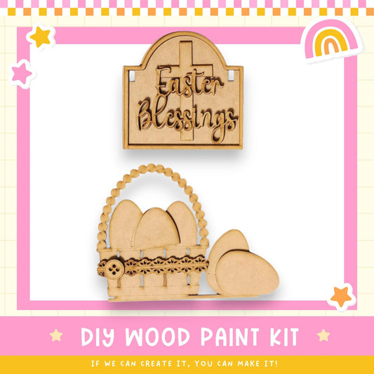 a wooden craft kit with a basket of eggs