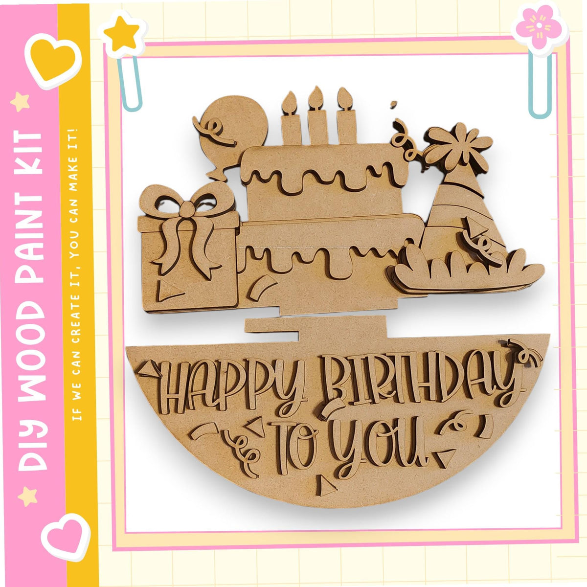 A wooden birthday cake with candles and decorations, along with the text "Happy Birthday to you" carved into it.