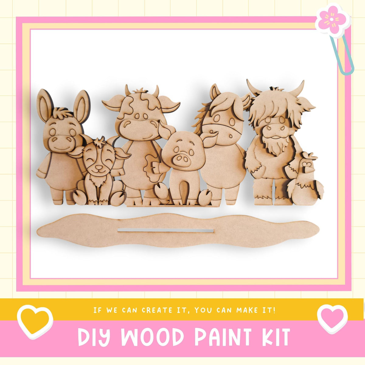 A DIY wood paint kit featuring a group of wooden animal characters, including a cow, pig, donkey, horse, and dog, arranged in a row.
