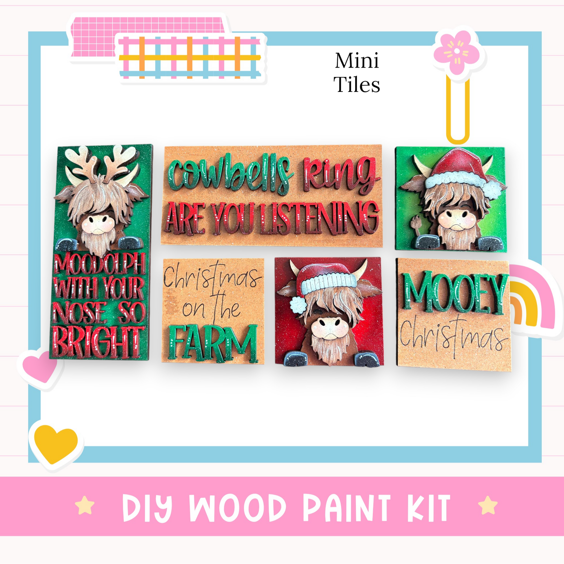 The image is a collage of six wooden paint tiles featuring various Christmas-themed designs, including a cowbell ring, a reindeer, and a moose. The tiles are arranged in a grid format, with each tile displaying a different design. The text "Mini Tiles" and "DIY WOOD PAINT KIT" is visible, indicating that this is a DIY wood paint kit for creating these decorative tiles.
