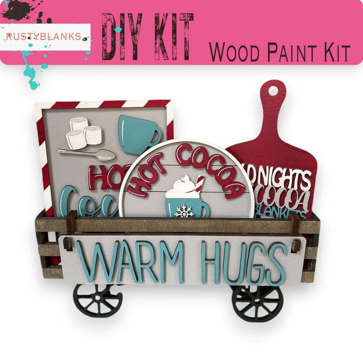 a wooden cart with a sign that says wood paint kit