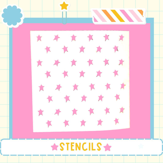 The image is a collage of various images, including a pink background with a pattern of pink stars and a blue border. The word "STENCILS" is written in the bottom right corner of the image.