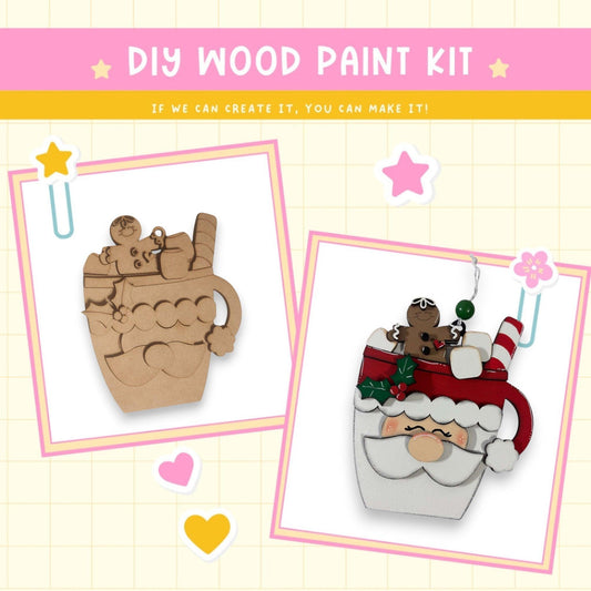 a couple of pictures of wooden ornaments on a table