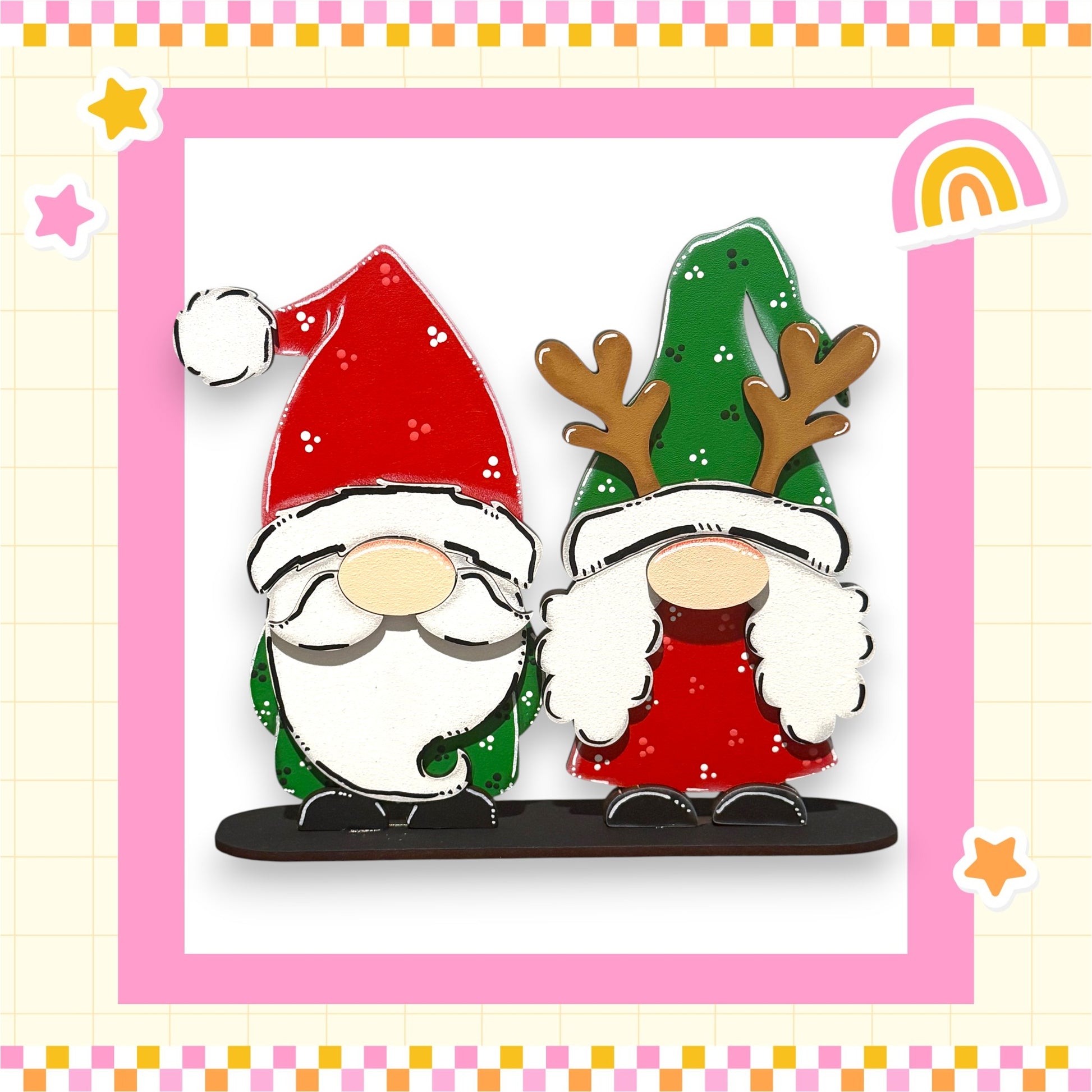 two gnomes, Santa Claus and a green elf, standing together in a festive setting.