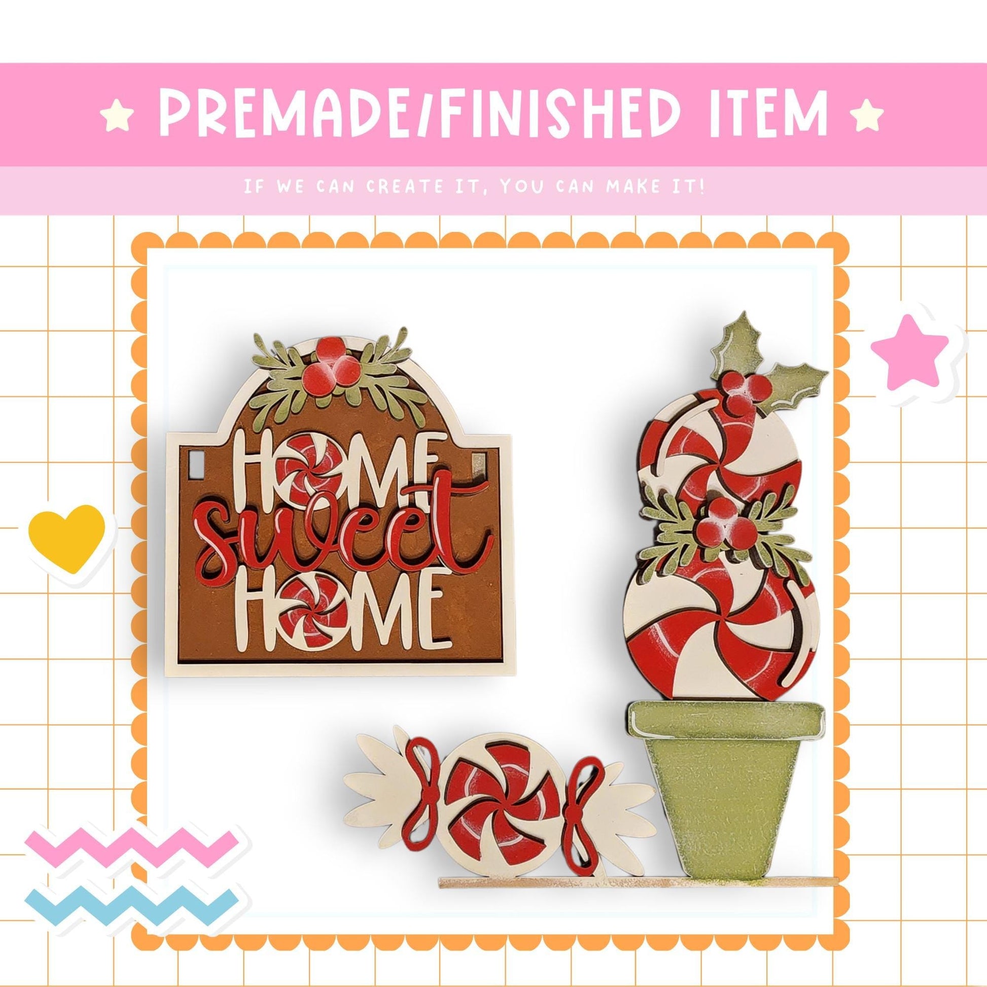 The image is a collage featuring a wooden sign with the phrase "Home Sweet Home", a candy cane decoration, and a potted plant with a candy cane decoration.
