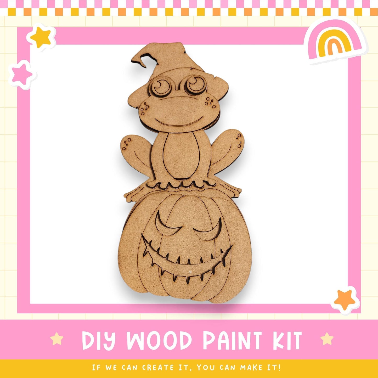 a DIY wood paint kit for creating a Halloween-themed pumpkin. The kit includes a pumpkin and a witch hat, and the text encourages viewers to "If we can create it, you can make it!"