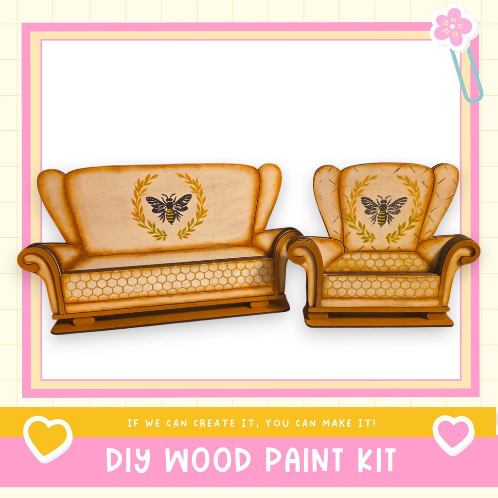 two wooden armchairs with bee designs on them, set against a pink and white background.
