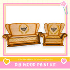 two wooden armchairs with bee designs on them, set against a pink and white background.