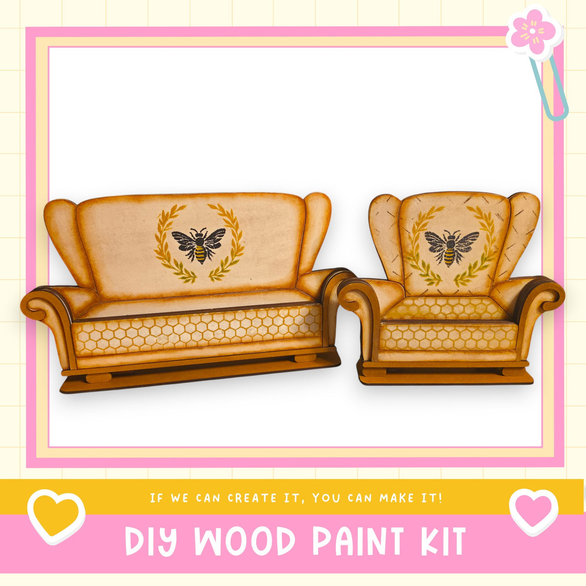 two wooden armchairs with bee designs on them, set against a pink and white background.