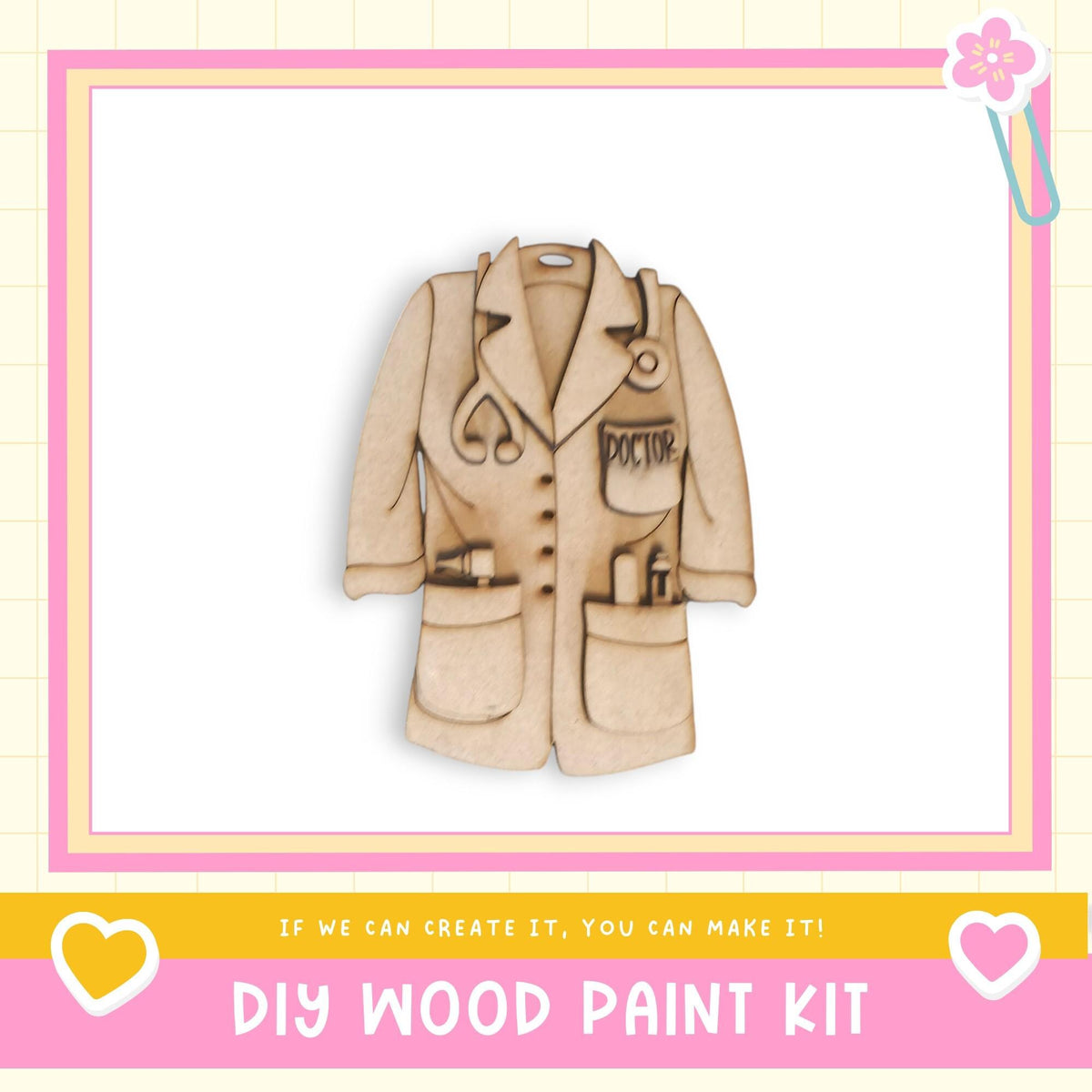 A wooden doctor's coat with stethoscope pocket, presented in a pink and yellow frame.